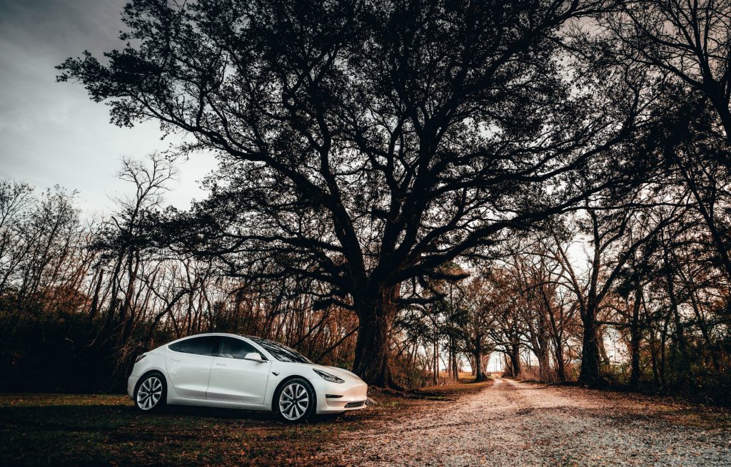 Artistic image of a Tesla 3 parked on a country road