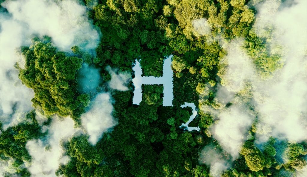 aerial view of green hydrogen (h2) amongst forrest of trees