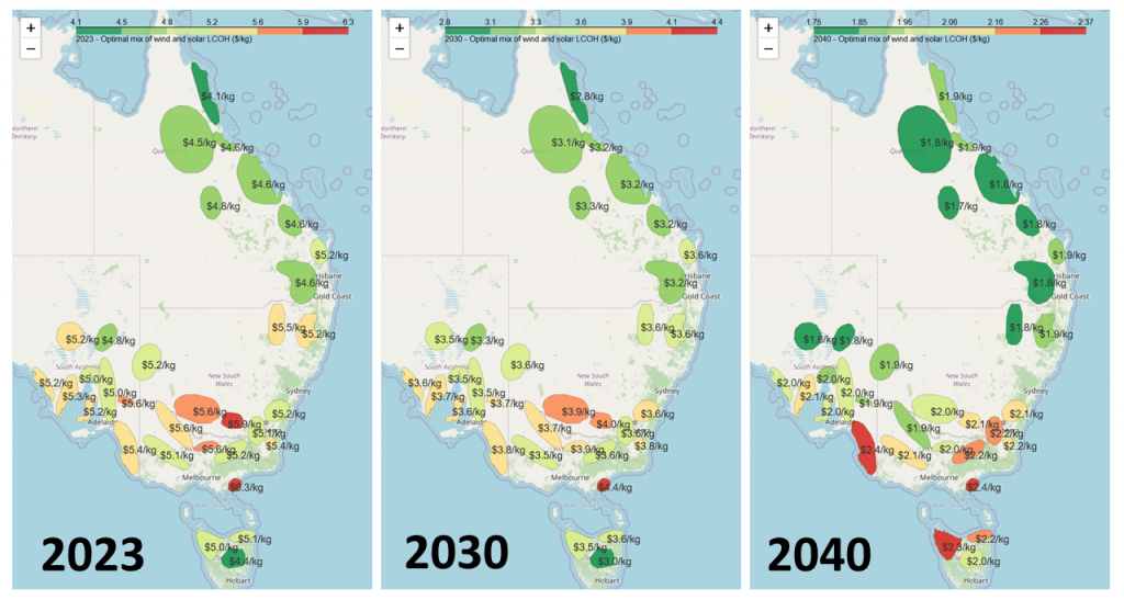 Diagram showing the levelised cost of hydrogen at renewable energy zones in Australia for 2023, 2030 and 2040